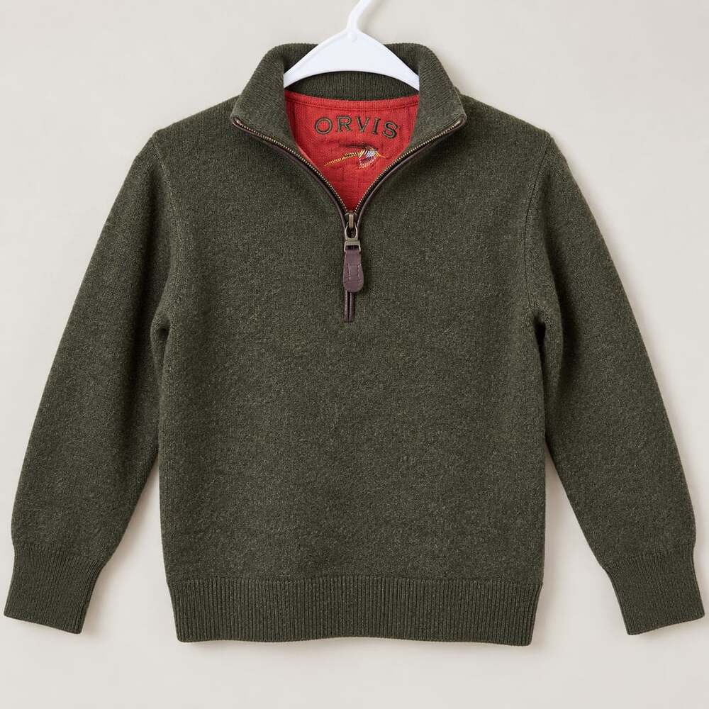 Orvis Youth L Merino Wool Quarter Zip Pullover Sweater Olive Green Fly Fishing